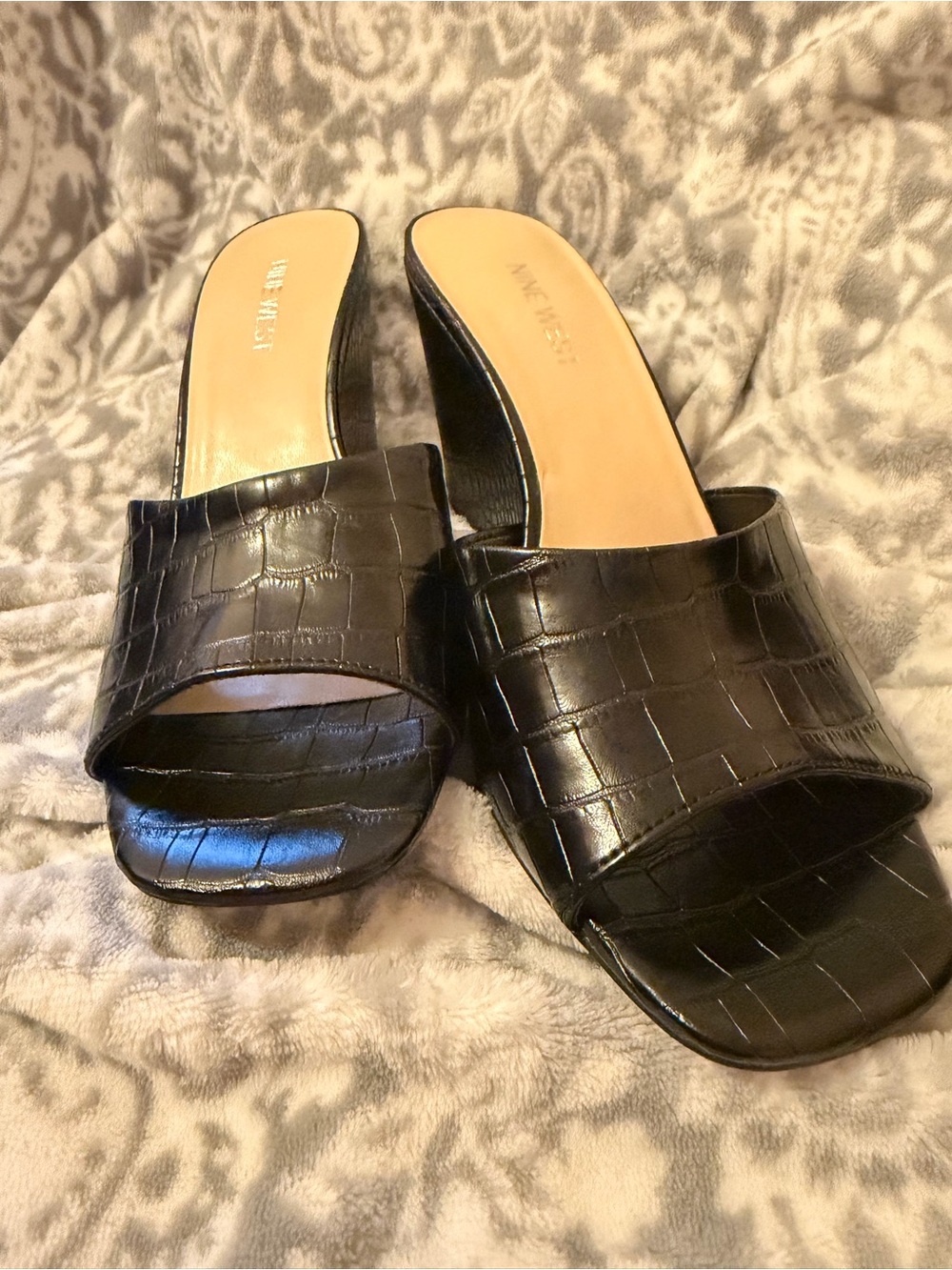 Nine West Black Croc-Embossed Slide Mules